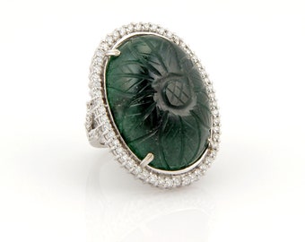 Estate 18K White Gold 82ct Carved Jade & Diamond Cocktail Ring