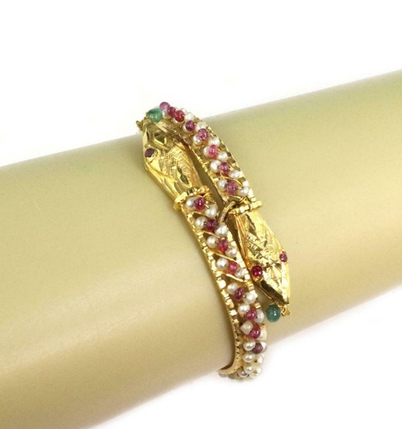 Estate Ruby Emerald Pearl 21k Gold Double Snake H… - image 2