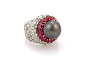 Arezzo Ring Diamond & Ruby Tahitian Pearl 18k White Gold Cocktail Style