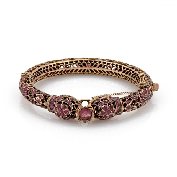 Vintage 6 Carats Ruby 9k Rose Gold Filigree Double Head Snake Bangle