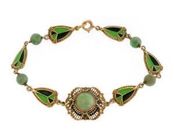 Art Deco Pearls Enamel 14k Yellow Gold Fancy Link Bracelet