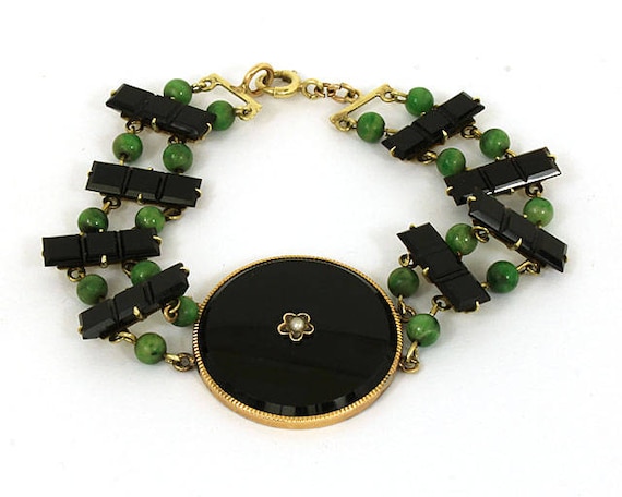 Victorian 14k Yellow Gold Black Onyx & Green Jade… - image 1