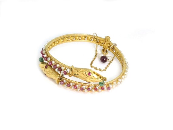 Estate Ruby Emerald Pearl 21k Gold Double Snake H… - image 4