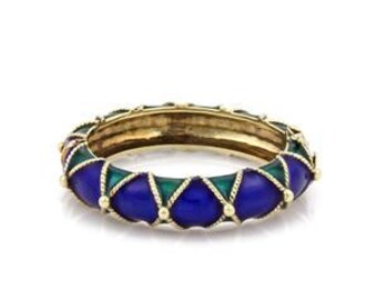 Retro Hefty 14k Yellow Gold Blue & Green Enamel Fancy Dome Bangle 84grams