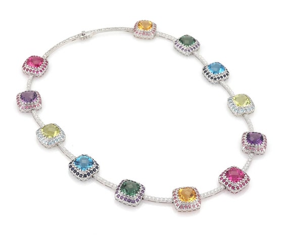 402 - Estate 2 Carats Diamond Multicolor Gems 18k White Gold Necklace