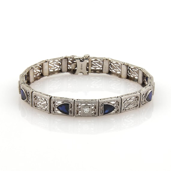 Art Deco Sapphire & Diamonds 14k White Gold Filig… - image 1