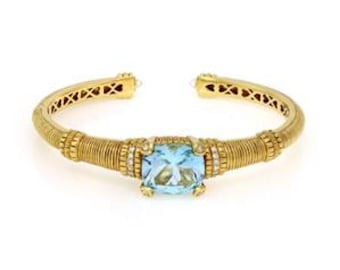Judith Ripka Diamond Blue Topaz 18k Yellow Gold Cuff Bangle Bracelet
