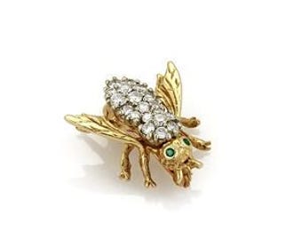 Vintage Diamond & Emerald 14k Yellow Gold Bee Brooch Pin