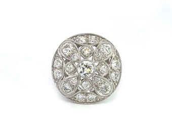 Art Deco Platinum 1.40ct Diamond Round Top Floral Style Ring