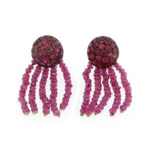 May include: A pair of dangle earrings with a round, red gemstone cluster at the top and a fringe of smaller red gemstones hanging below.