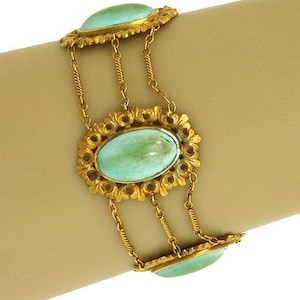 Victorian 9K Yellow Gold & Turquoise Triple Chain Link Fancy Design Bracelet image 1