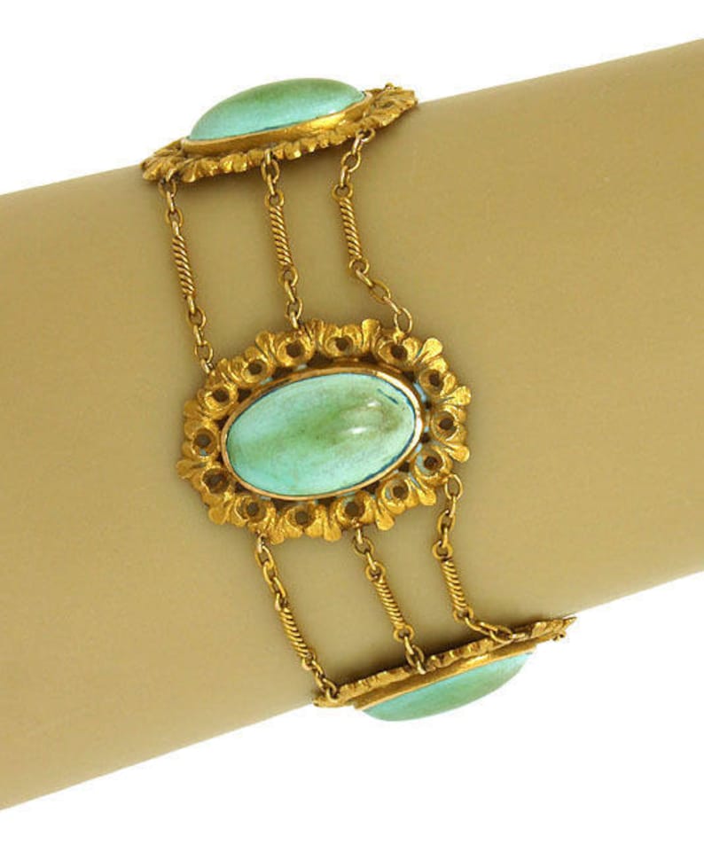 Victorian 9K Yellow Gold & Turquoise Triple Chain Link Fancy Design Bracelet image 1