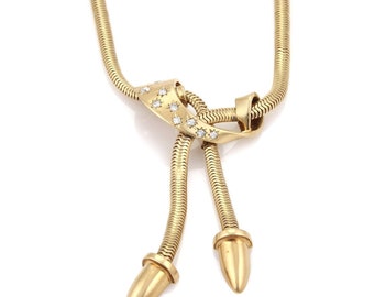 Vintage 1930 Diamond 14k YGold Snake Chain Spear Tassel Pendant Necklace