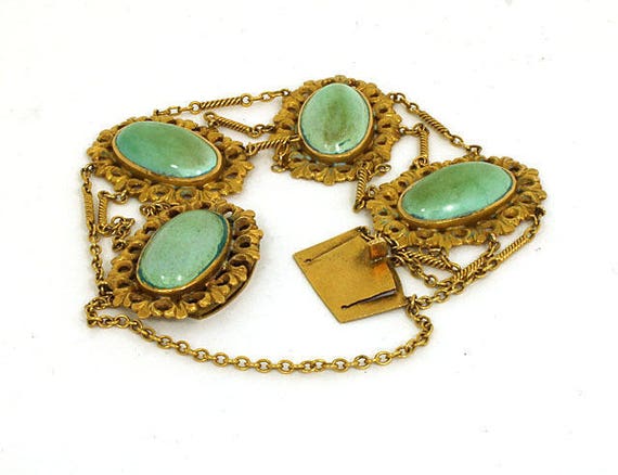 Victorian 9K Yellow Gold & Turquoise Triple Chain… - image 2