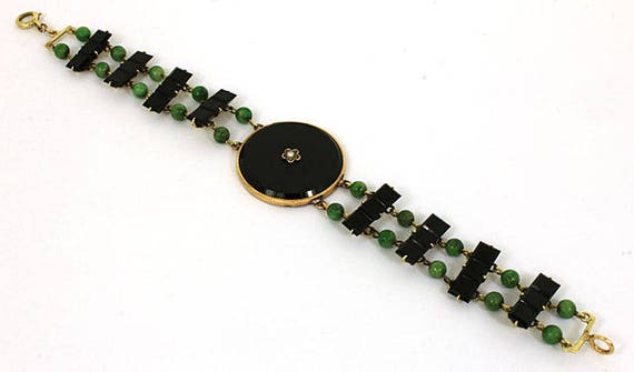 Victorian 14k Yellow Gold Black Onyx & Green Jade… - image 3