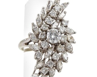 Vintage 3.20ct Diamond 14k White Gold Long Cluster Ring Size 5.5