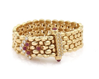 Vintage 1.90ct Diamond & Ruby 14k Yellow Gold Panther Link Belt Bracelet