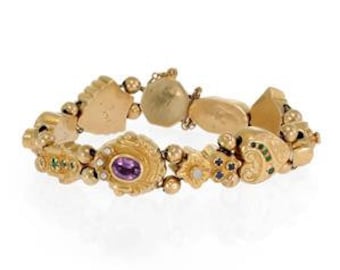 Vintage Multicolor Gems Seed Pearls 10 Slide Charms 14k Yellow Gold Bracelet