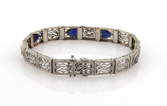 Art Deco Sapphire & Diamonds 14k White Gold Filig… - image 4