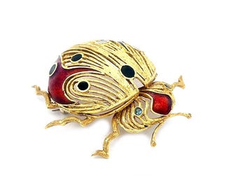 Vintage Lady Bug 18k Gold Brooch Enamel & Gems Open Style Large Pin