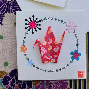 Carte carte double grue origami fleurs orangé et roses