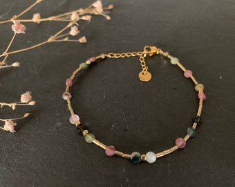 Bracelet réglable en pierres gemmes semi-précieuses tourmalines plates et hématite