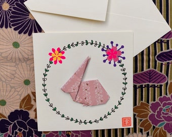 Carte carte double lapin origami vieux rose