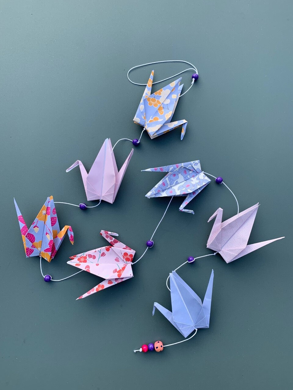 Guirlande Grue Origami Tons Bleu, Mauve et Rose