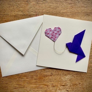 Double origami card purple dove and pink heart