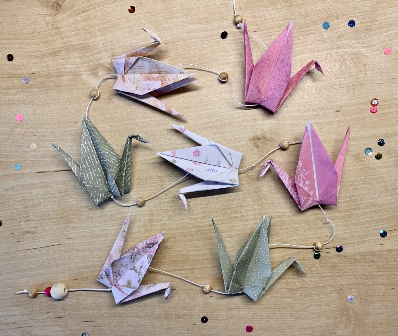 Guirlande Origami Grues Tons Rose et Vert