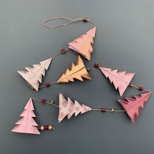 Guirlande origami sapins rose, prune et doré