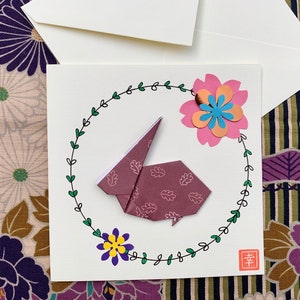 Carte carte double lapin origami violine