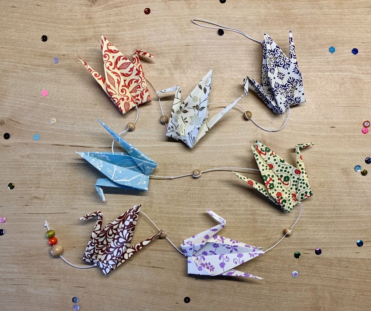 Guirlande Origami Grues Tons Beige et Bleu