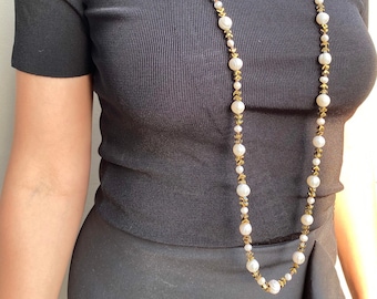 Golden Hematite and Freshwater Pearls Layering Necklace, Double Knotted and Hang Strung, Perfect Gift for Mom - Very Long