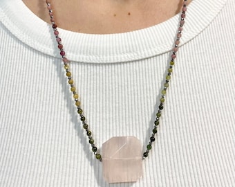 Handmade Natural Multicolor Tourmaline Necklace with Rose Quartz Pendant