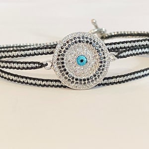Sterling Silver Evil Eye Protection Bracelet with Zirconium Charm