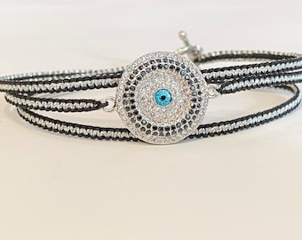 Sterling Silver Evil Eye Protection Bracelet with Zirconium Charm