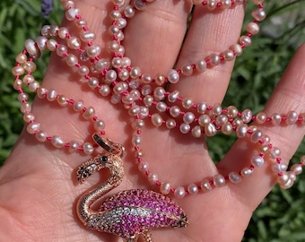 Pink Necklace, Bird Necklace, Flamingo pendant necklace, Rose Gold Necklace