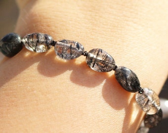 Rutile Quartz bracelet, Black Beaded Rutilated Quartz Bracelet - Elegant Stone Jewelry for Women