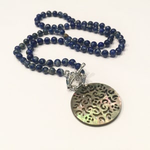 Mother of Pearl Pendant Necklace, Gemstone Lapis Lazuli, Lazurite Jewelry for Women