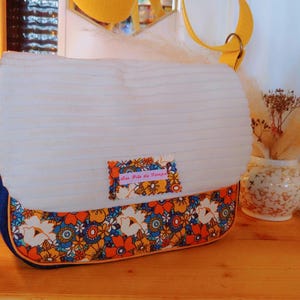 Sac a main bandoulière femme, sac besace velour ecru et liberty vintage, hand bag hand made, made in france