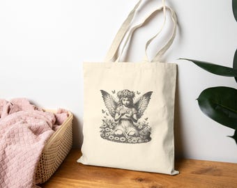 Angel, Whimsical, Butterfly, Graphic Cotton Canvas Tote Bag, Reusable Shopping Bag, Eco-Friendly Gift, Beach Tote, Art Lover Gift, Spiritual