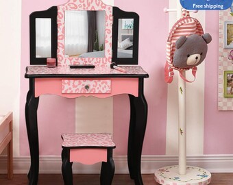 Kids Vanity Table Makeup Set for W/ Drawers,  Dressing Desk w/ Mirror Stool