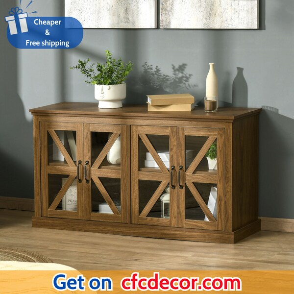 Rustic Kitchen Sideboard, Glass Door Buffet Cabinet, Coffee Bar