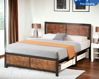 Bedframe Twin/Full/Queen size met houten hoofdeinde Zwaar metalen platform