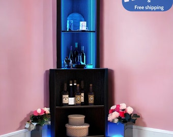 5 Tier Corner Shelf with LED Light Bookcase Storage Display Rack Living Room