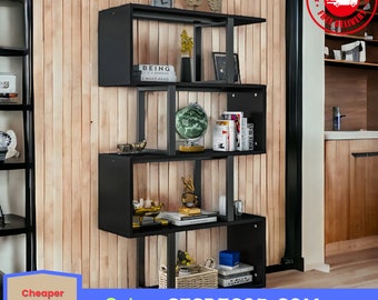 5-Tier Geometric Bookshelf S-Shaped Display Bookshelf Storage Room Divider Black