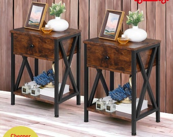 Set of 2 End Tables X-Design Metal Frame Sofa Side Tables for Bedroom Home Brown