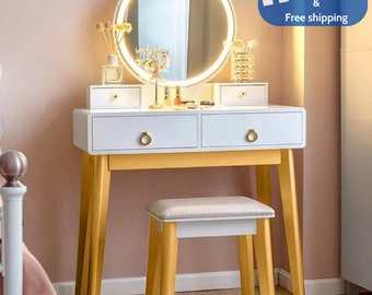 Makeup Dressing Table Dresser 4 Drawers, Vanity Desk Set with Mirror & Led Lights