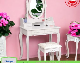 White Vanity Dressing Table Set With Mirror Stool 4 Drawers Makeup Desk Bedroom